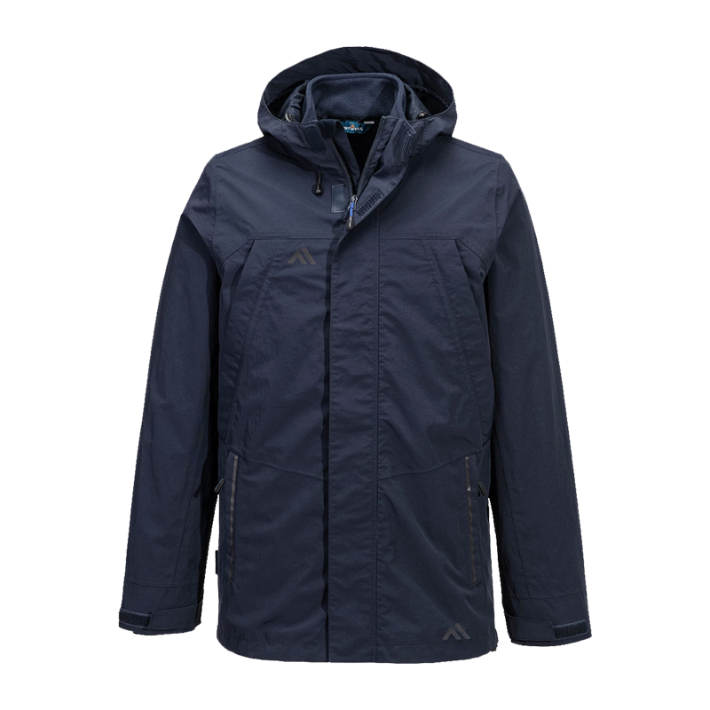 PortWest dunkelblaue Outdoorjacke mit Kapuze und Reißverschlusstaschen, wasserabweisende Arbeits- und Freizeitjacke in Frontansicht