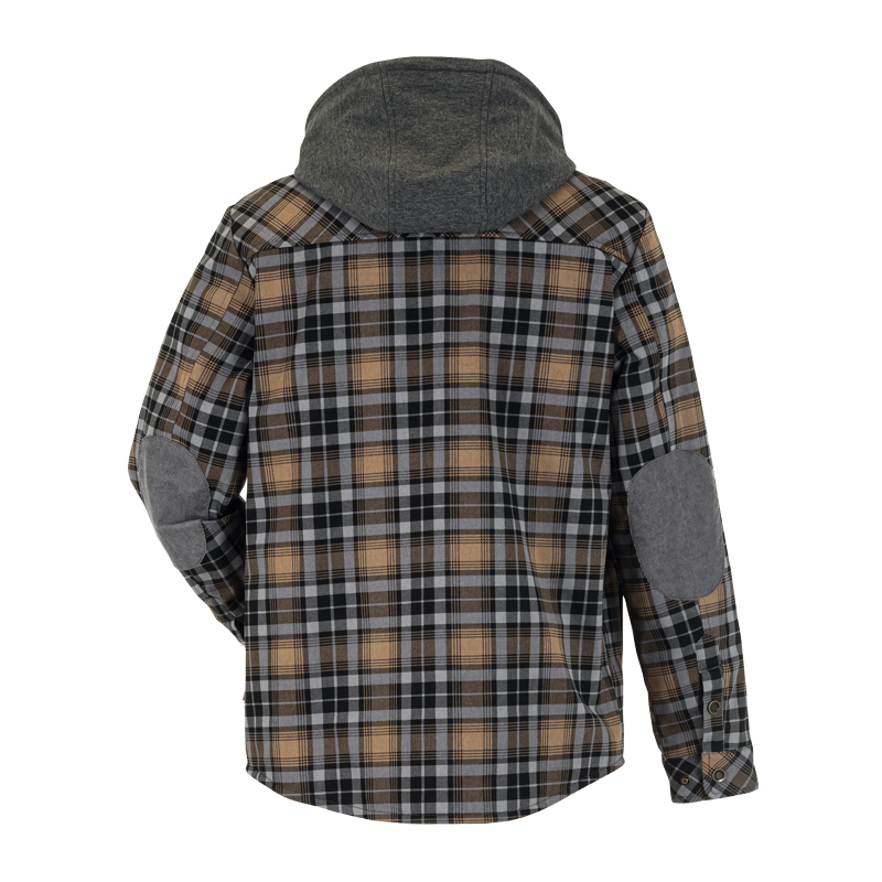 Rückansicht des Planam Outdoor Thermohemds mit Teddyfutter, karierte Hemdjacke mit grauer Kapuze und Ellbogenpatches