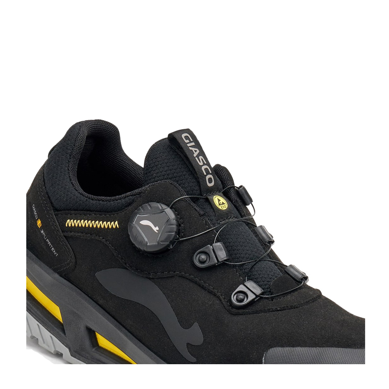 Giasco 3Move ESD Lynx ergonomischer S3L Sicherheitsschuh in Schwarz, Detailansicht mit Drehverschluss, ESD-Schutz und robuster 3MOVE-Sohle