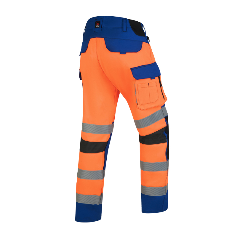 Rofa Warnschutzhose in Orange und Blau mit Reflexstreifen, Gesäßpartie und seitlicher Beintasche in der Rückansicht
