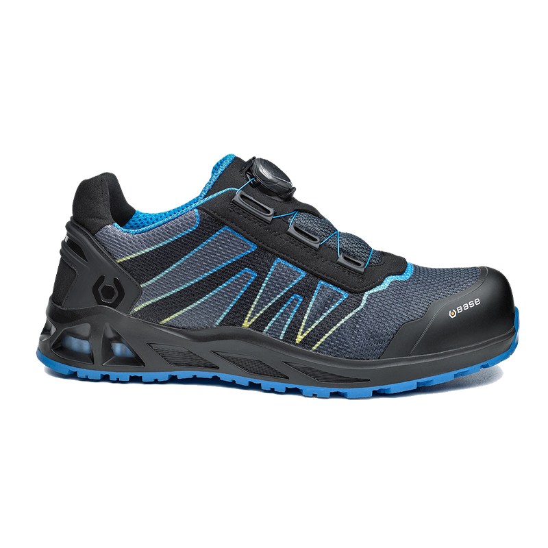 BASE K-Energy S3 HRO Sicherheitsschuh B1007A von BASE, seitliche Ansicht, schwarz-blau, mit BOA Schnellschürung und wasserabweisendem Obermaterial
