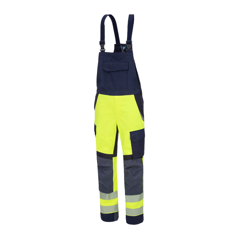 HB 4Energy MultiNorm Warnschutz Latzhose 4 kA + 7 kA APC2 von HB Protective Wear in Navy-Gelb mit Reflexstreifen, Brusttasche und verstärkten Kniebereichen für anspruchsvolle Arbeitsumgebungen