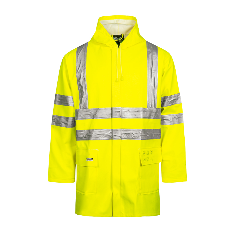 Lyngsøe Warnschutz-Regenjacke in Neon-Gelb mit Kapuze, Frontreißverschluss und breiten reflektierenden Streifen für hohe Sichtbarkeit