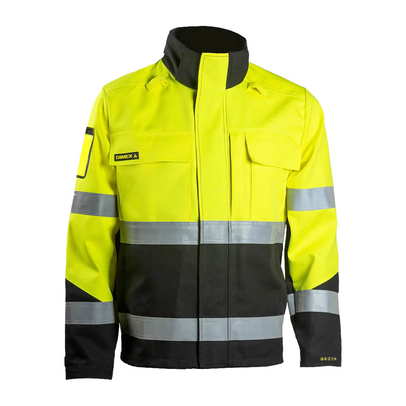 Dimex 6431 MultiNorm Warnschutz Jacke Klasse 2, gelb-schwarze Arbeitsjacke mit Reflexstreifen und hohem Kragen, Vorderansicht