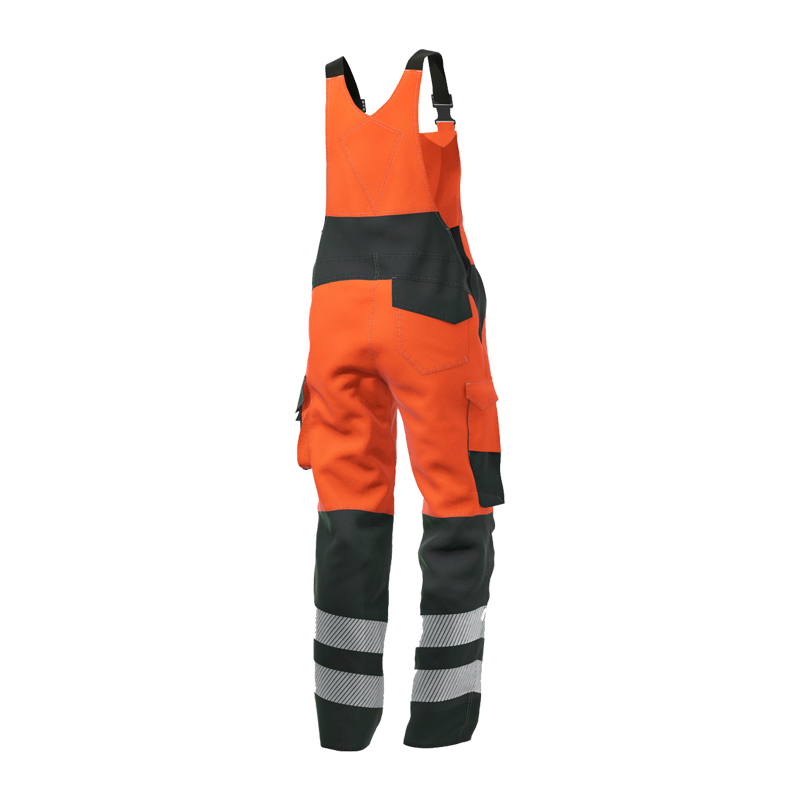 BP Bierbaum Proenen BP 2237 Hi-Vis MultiNorm Latzhose leicht 4 kA + 7kA APC2, orange-schwarz, Rückansicht mit Reflexstreifen