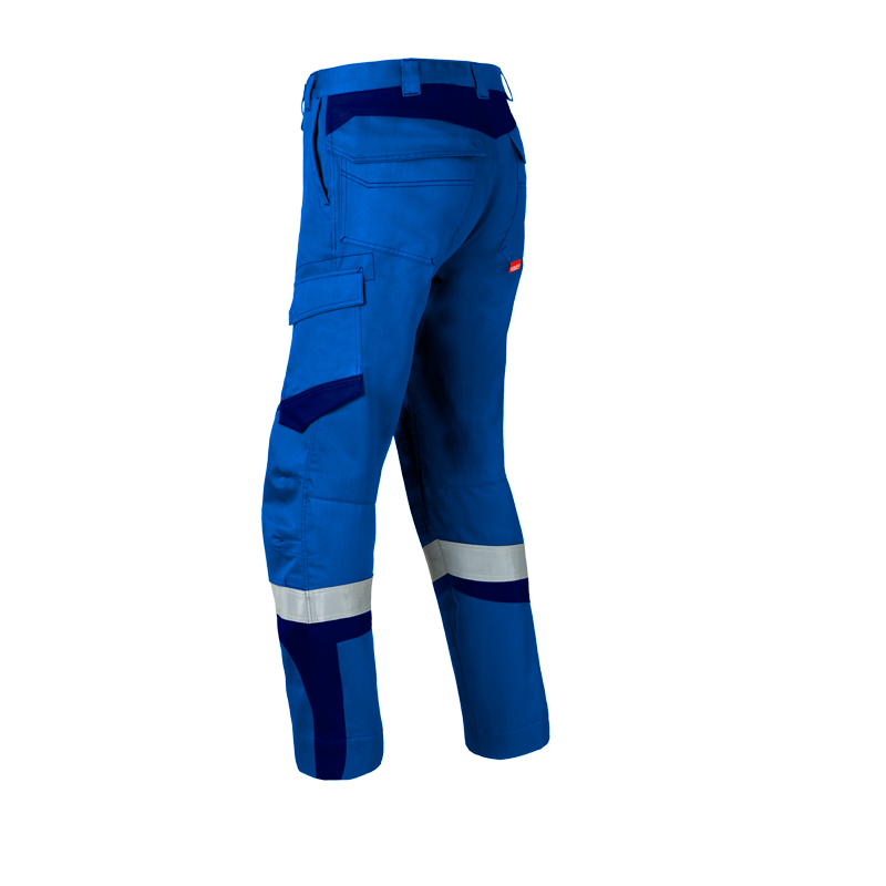 Rückansicht der HaVeP 5Safety Image+ 80345 MultiNorm Hose APC2 in Blau mit Reflexstreifen und funktionalen Arbeitstaschen