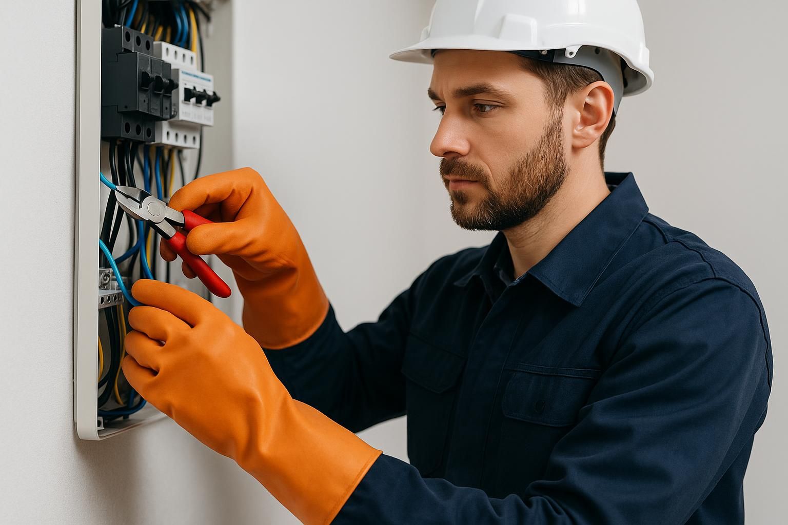 Elektriker mit weißem Schutzhelm und orangefarbenen isolierenden Schutzhandschuhen arbeitet mit einer Zange an einem offenen Sicherungskasten