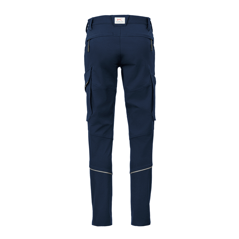 Rückansicht der Kübler Athletiq 2343 Stretch Hose in Dunkelblau mit körperbetontem Schnitt und funktionalen Taschen