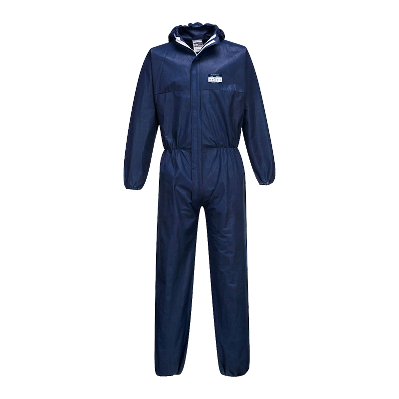 Dunkelblauer PortWest ST30 Einweg-Chemikalienschutz-Overall Typ 5 + 6 antistatisch mit Kapuze, Frontansicht, 10er Pack