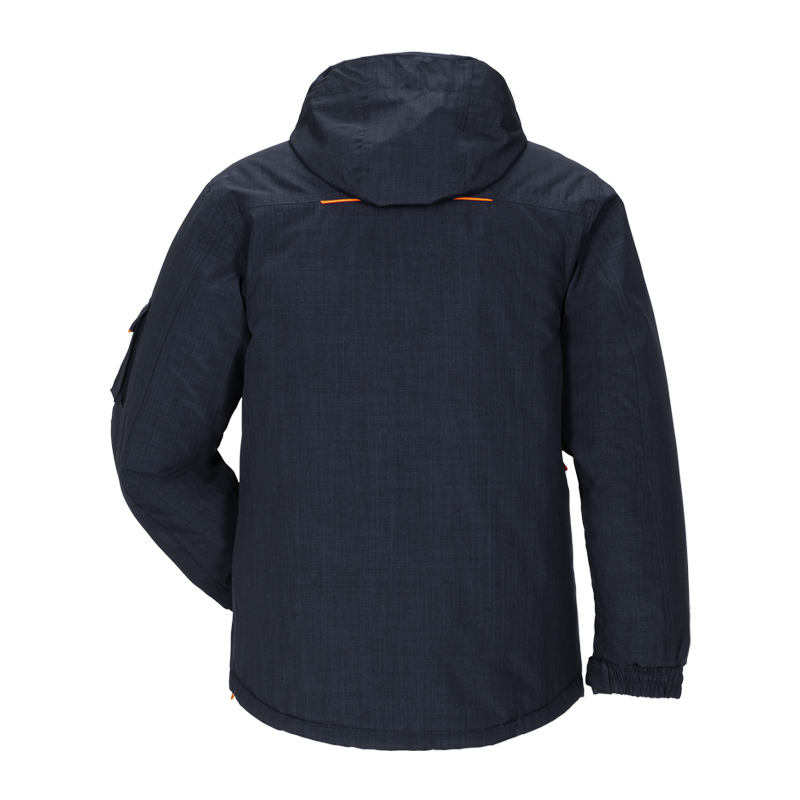 Rückenansicht der Planam Neon Jacke Wetterschutz mit Neon Applikationen in Dunkelblau mit Kapuze und neonfarbenen Details
