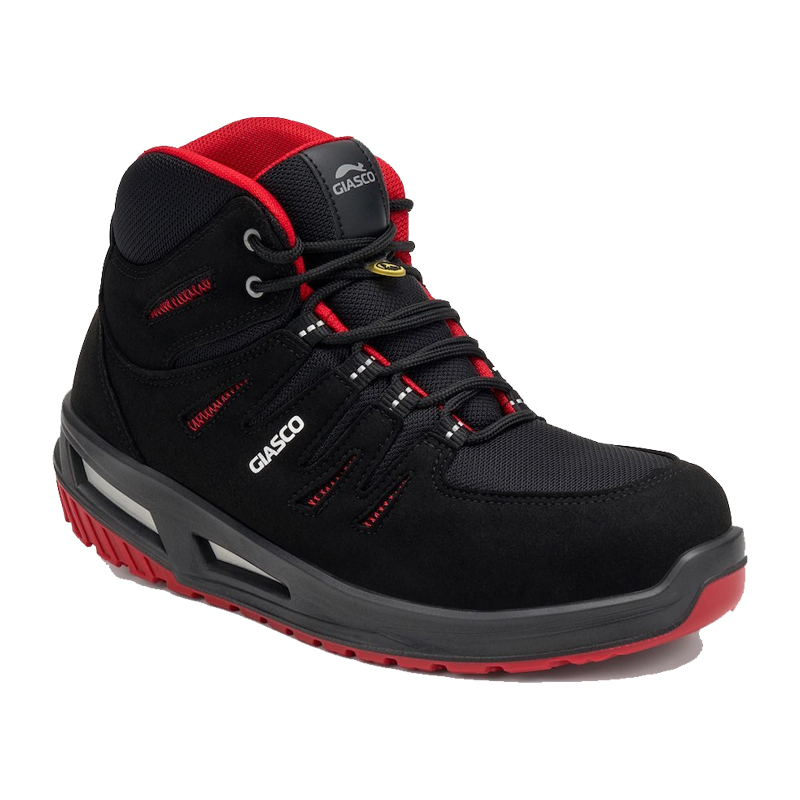 Giasco 3Move ESD Tiger Sicherheitsstiefel S3 in Schwarz-Rot, knöchelhoch, ergonomisch, metallfrei mit ESD-Schutz und 3MOVE-PU-Sohle