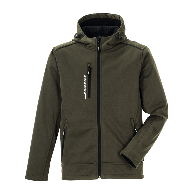 Planam Hawk Softshelljacke mit schwarzen Reflexbiesen in Oliv, Frontansicht mit Kapuze und Reißverschlusstaschen