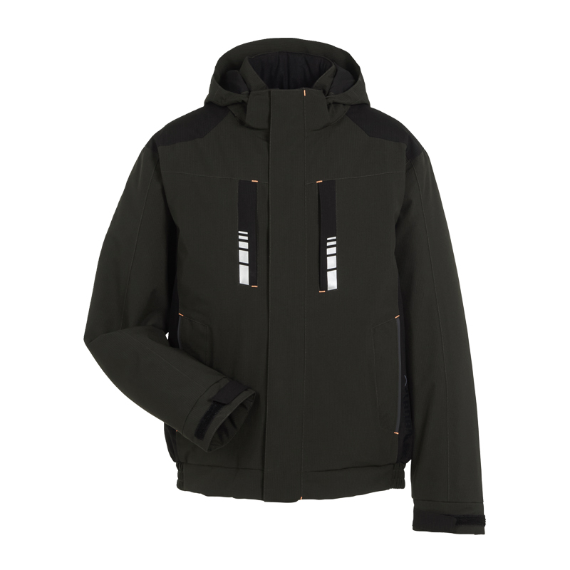 Planam Moto Winterjacke wasserdichter Wetterschutz, schwarze Arbeitsjacke mit Kapuze und reflektierenden Details