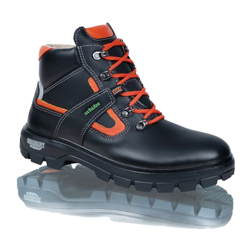 SCHÜTZE Schütze 7413 ESD S3 Sicherheitsstiefel mit Lederinnenfutter in Schwarz-Orange, robuster Arbeitsstiefel aus hydrophobiertem Vollnarbenleder mit Stahlkappe und griffiger Sohle