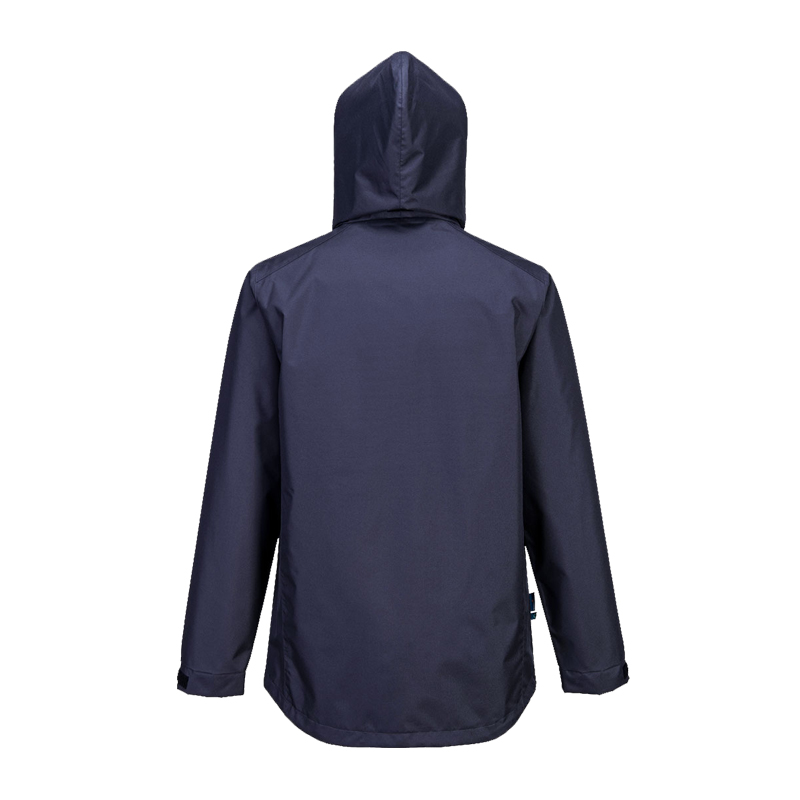 Rückansicht einer dunkelblauen PortWest Jacke mit Kapuze und langen Ärmeln