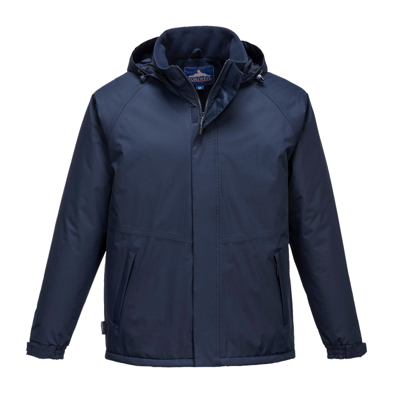 PortWest Herrenjacke in Navy, wetterfeste Freizeit- und Arbeitsjacke mit Kapuze, Frontreißverschluss und Seitentaschen