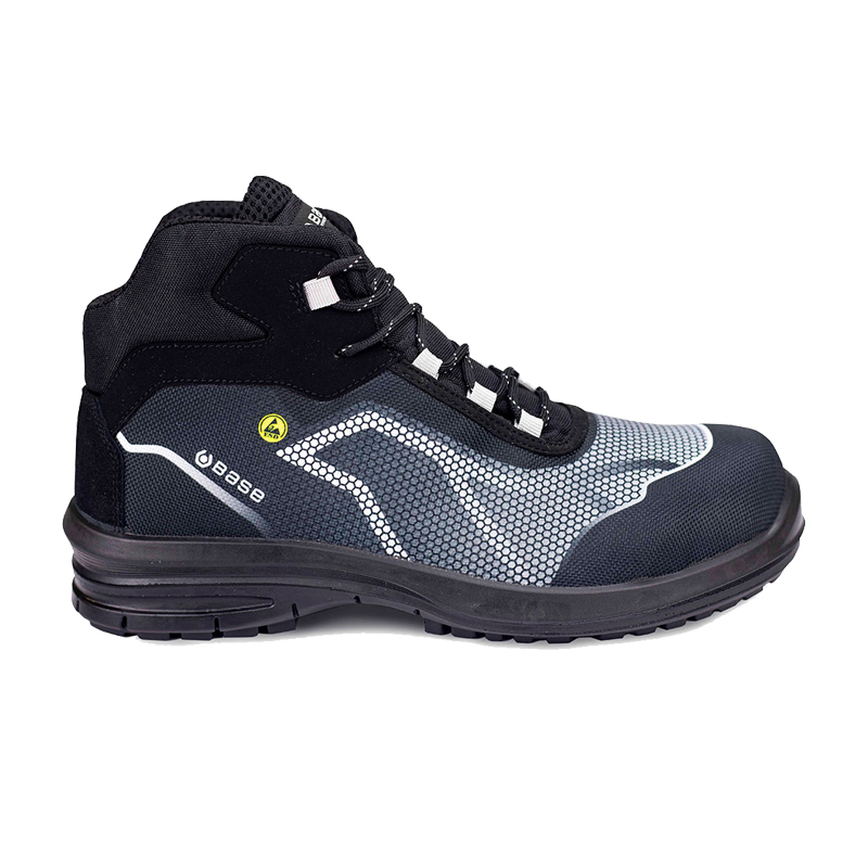 BASE Oren Top ESD S3 Sicherheitsstiefel B0979B von BASE in Schwarz-Grau, Seitenansicht eines wasserabweisenden Arbeitsstiefels mit hohem Schaft, ESD-Schutz und robuster S3-Sicherheitsausstattung