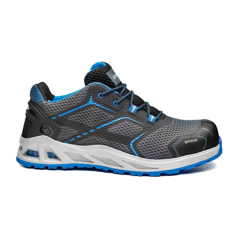 BASE K-Move S1PS HRO Sicherheitsschuh B1004B, grauer Arbeitsschuh mit blauen Details, atmungsaktivem Obermaterial und robuster Schutzkappe