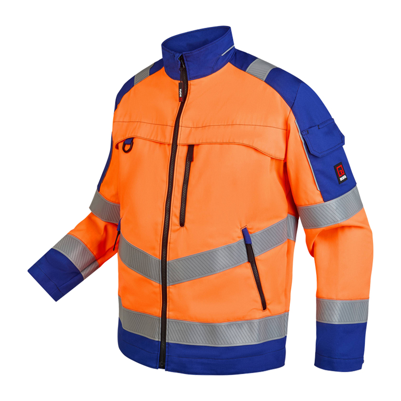 Rofa Warnschutzjacke in leuchtendem Orange und Blau mit umlaufenden Reflexstreifen, Stehkragen und Reißverschlusstaschen