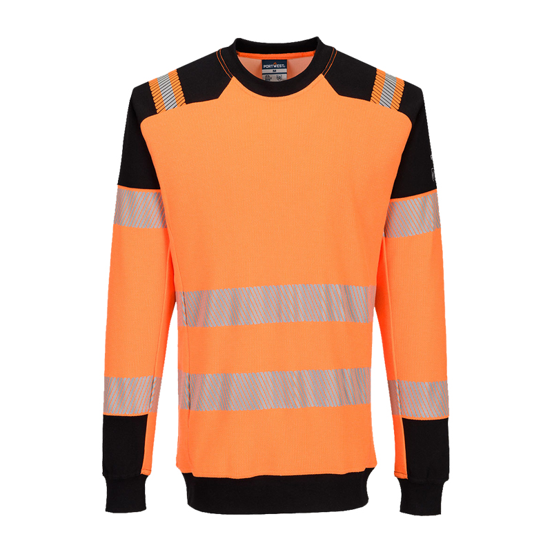 PortWest FR755 ModaFlame FR Warnschutz-Sweatshirt in Orange/Schwarz, inhärent flammhemmend, Klasse 2, mit Reflexstreifen und Rundhalsausschnitt