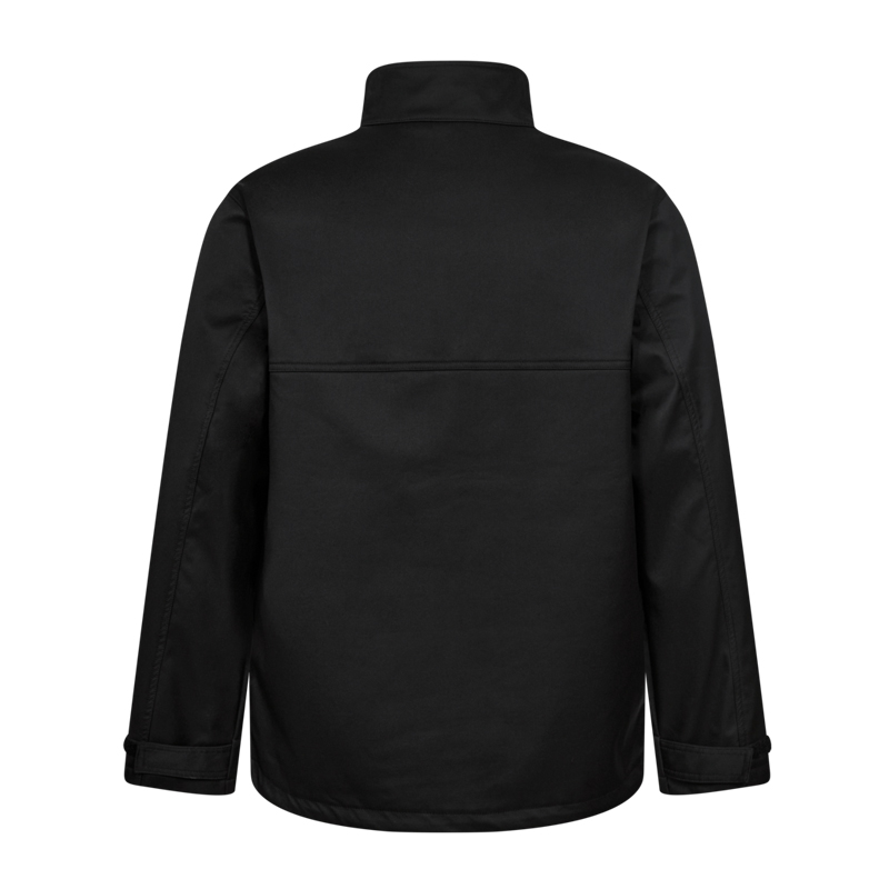 Rückansicht einer schwarzen Engel Jacke mit Stehkragen, langen Ärmeln und schlichtem Design