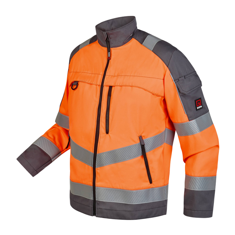 Rofa Warnschutz-Arbeitsjacke in Orange und Grau mit Reflexstreifen, Stehkragen und mehreren Reißverschlusstaschen