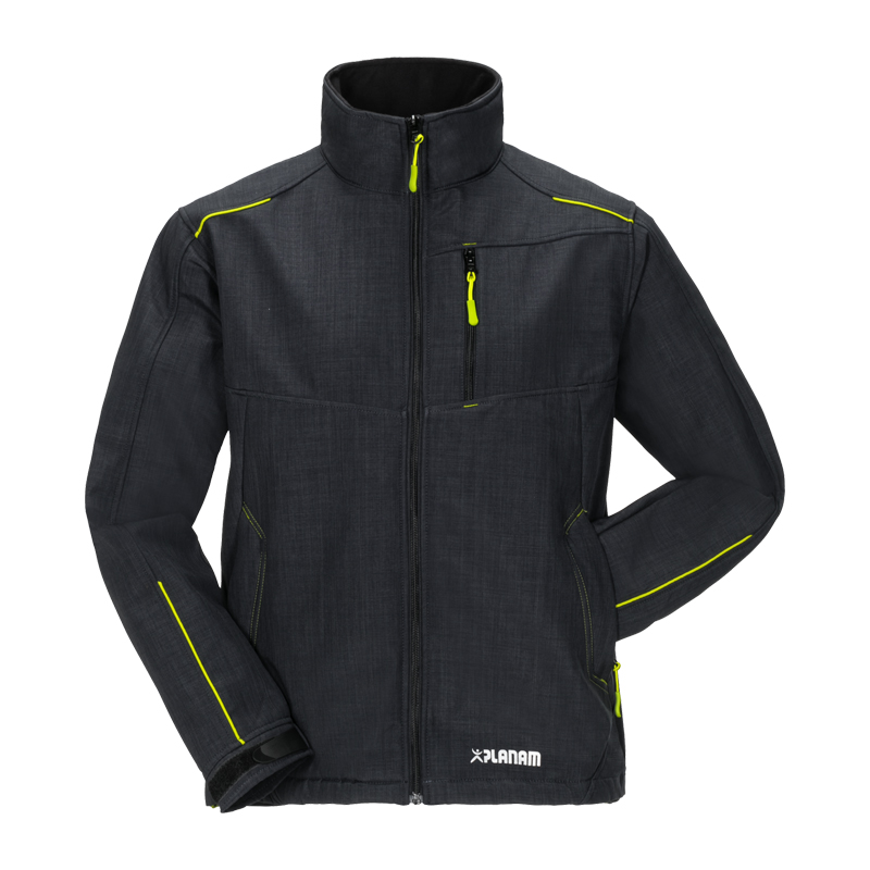 Planam Neon Softshelljacke in Schwarz mit neonfarbenen Applikationen, wind- und wasserabweisende Arbeitsjacke mit Stehkragen und Reißverschlusstaschen