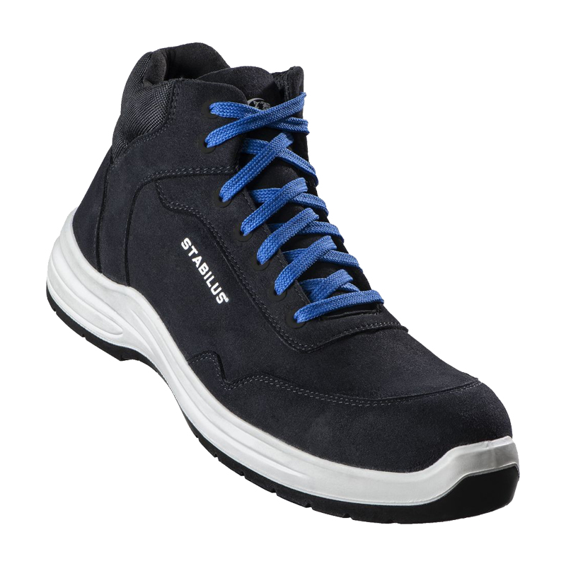 Stabilus Jorden Mid Black ESD O3 Arbeitsstiefel metallfrei 73301, schwarzer Sicherheitsstiefel mit blauen Schnürsenkeln und weißer Sohle