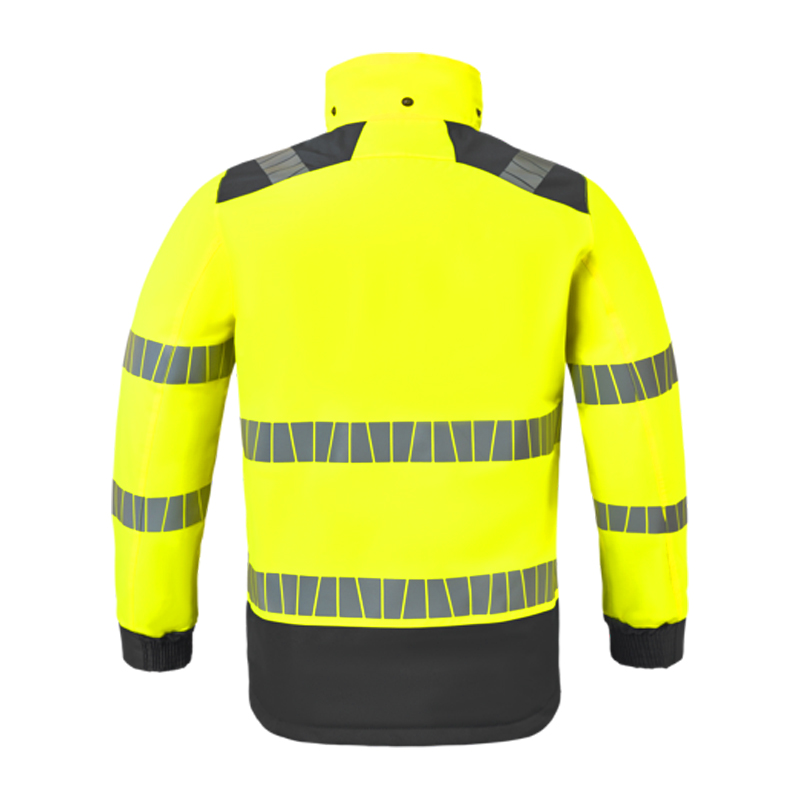 Rückenansicht einer HaVeP Warnschutzjacke in leuchtendem Gelb mit umlaufenden Reflexstreifen, hohem Kragen und dunklem Saum für hohe Sichtbarkeit bei der Arbeit