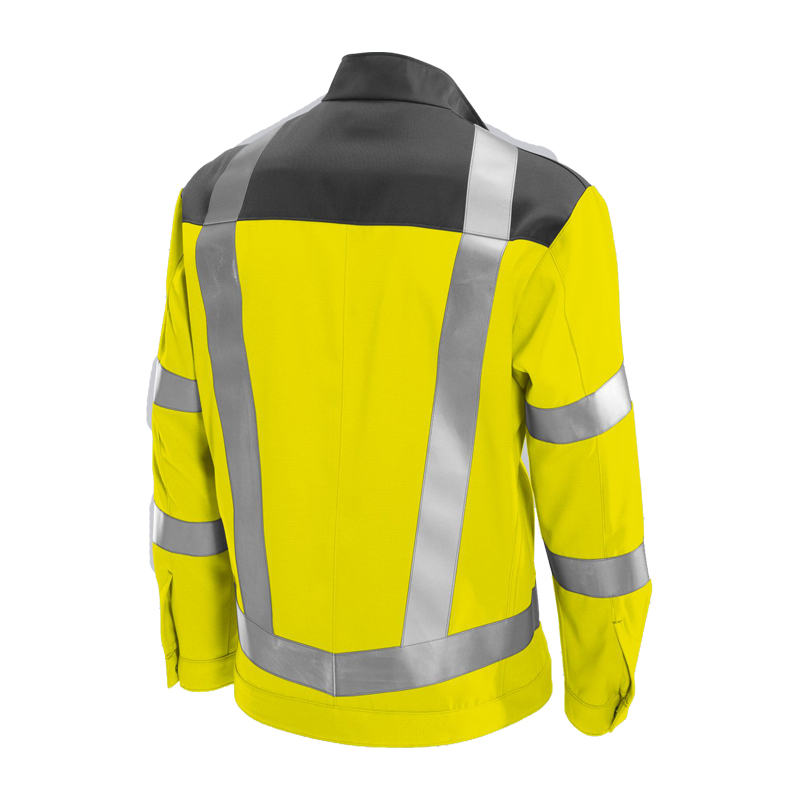 Rückansicht der BP 2212 MultiNorm Hi-Vis Jacke 4 kA | APC1 von BP Bierbaum Proenen in Warnschutz-Gelb mit silbernen Reflexstreifen