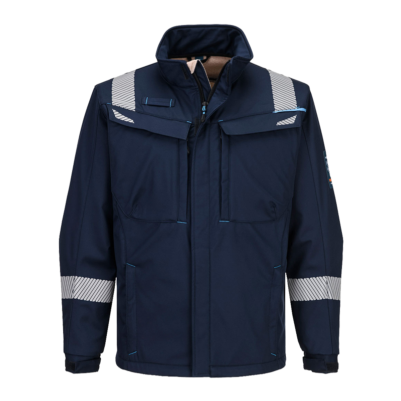 PortWest Arbeitsjacke dunkelblau mit Reflexstreifen an Schultern und Ärmeln, Stehkragen und Fronttaschen