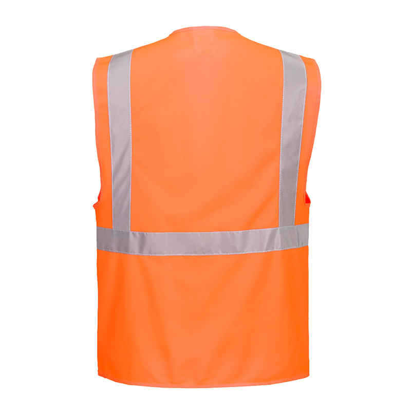 Rückansicht einer orangefarbenen PortWest Warnweste mit silbernen Reflexstreifen für hohe Sichtbarkeit