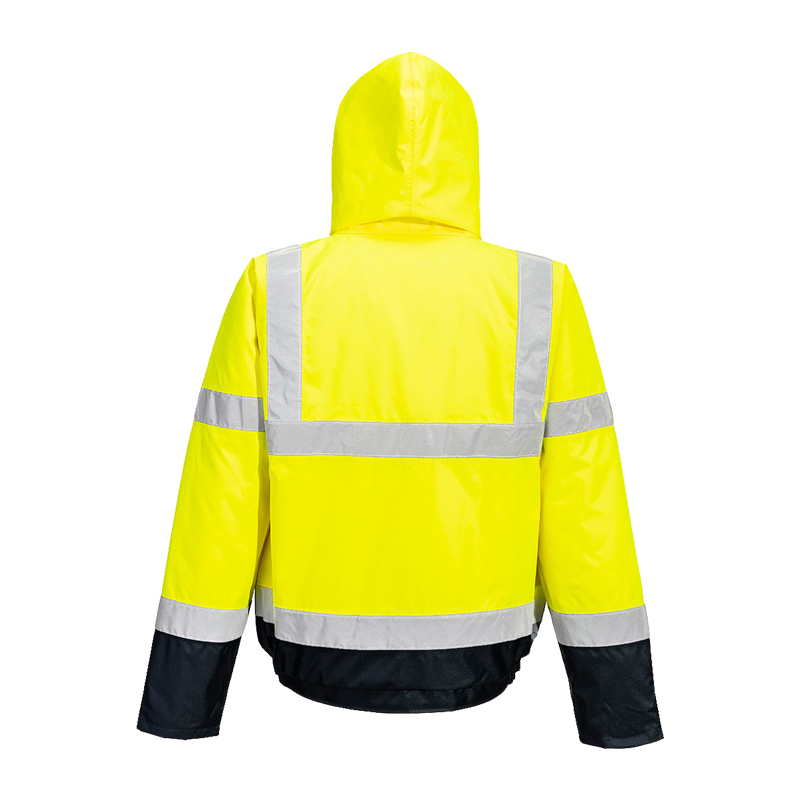 Rückansicht einer gelben PortWest Warnschutzjacke mit Kapuze und reflektierenden Streifen, ideal für hohe Sichtbarkeit bei der Arbeit