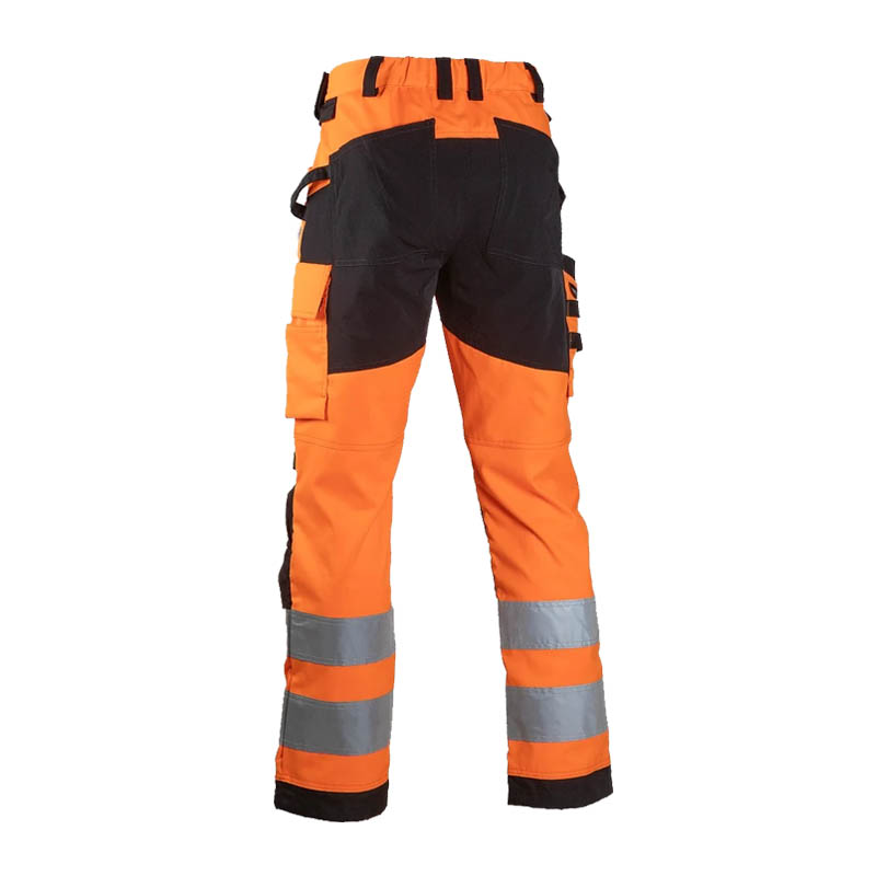 Rückansicht der Dimex 6154R Warnschutz Stretch Hose mit viel Funktion, Klasse 2, in Orange-Schwarz mit Reflexstreifen und praktischen Taschen