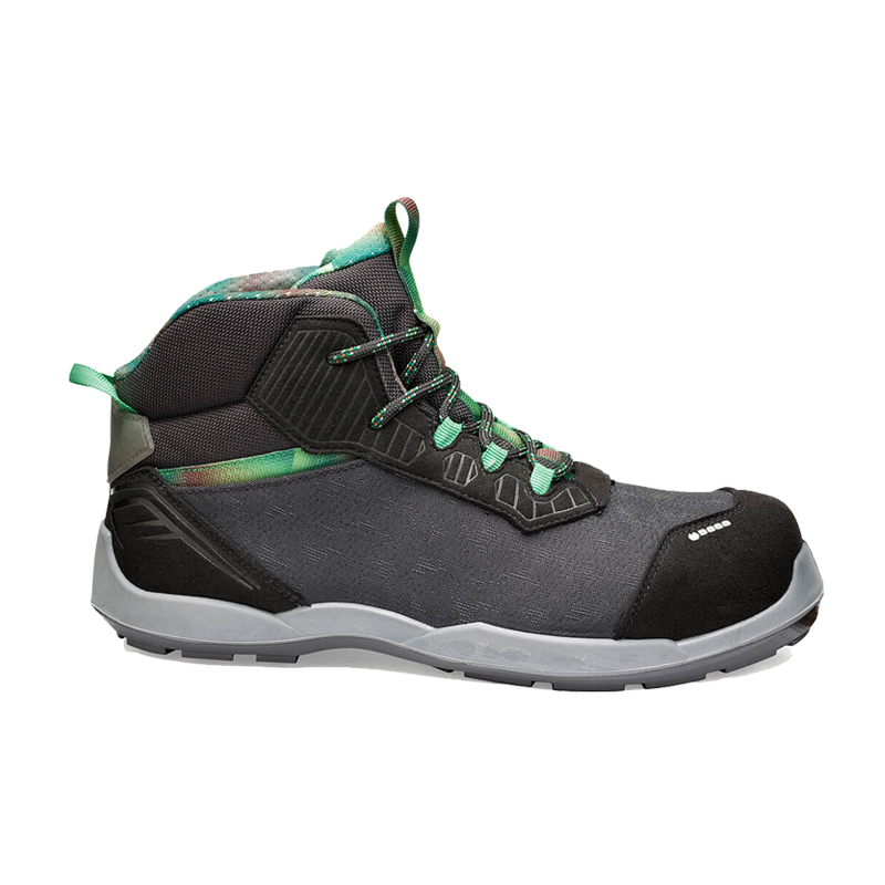 BASE Yellowstone Top S3S ESD Sicherheitsstiefel B0667B, schwarzer Arbeitsschutzstiefel mit grauer Sohle, grünen Schnürsenkeln und Zehenschutzkappe