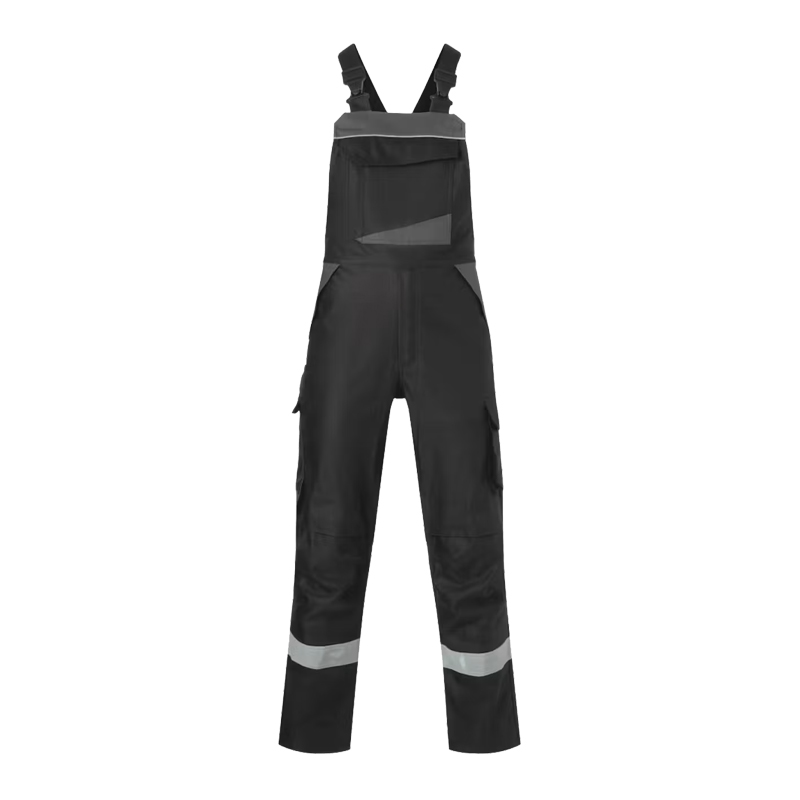 Schwarze Arbeits-Latzhose mit verstellbaren Trägern, Brusttasche und Reflexstreifen an den Beinen