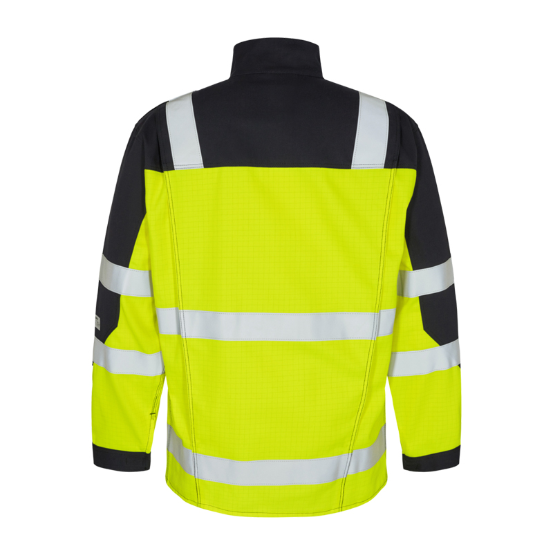 Rückansicht der Engel Safety+ 1235-820 MultiNorm Warnschutz Jacke Klasse 2 APC1 in Gelb-Schwarz mit Reflexstreifen, flammhemmend und antistatisch