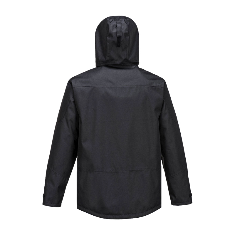 Rückansicht der PortWest S555 klassischen Regenjacke in Schwarz, wasserdicht, winddicht und atmungsaktiv nach EN 343 Klasse 3