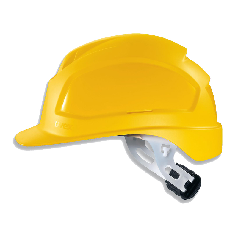 Gelber Uvex Elektriker-Helm mit Drehrad, Seitenansicht, Schutzhelm nach EN 50365 für Arbeiten unter Spannung bis 1000 VAC