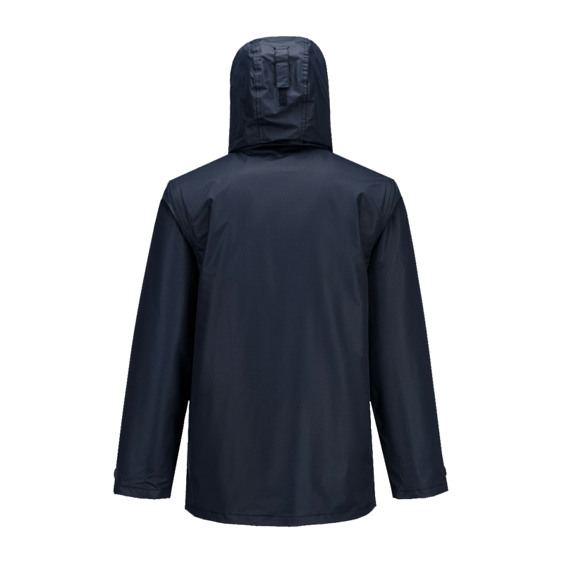 Rückansicht einer navyblauen PortWest Regenjacke mit Kapuze, lange Ärmel, wetterfeste Outdoor-Arbeitsjacke
