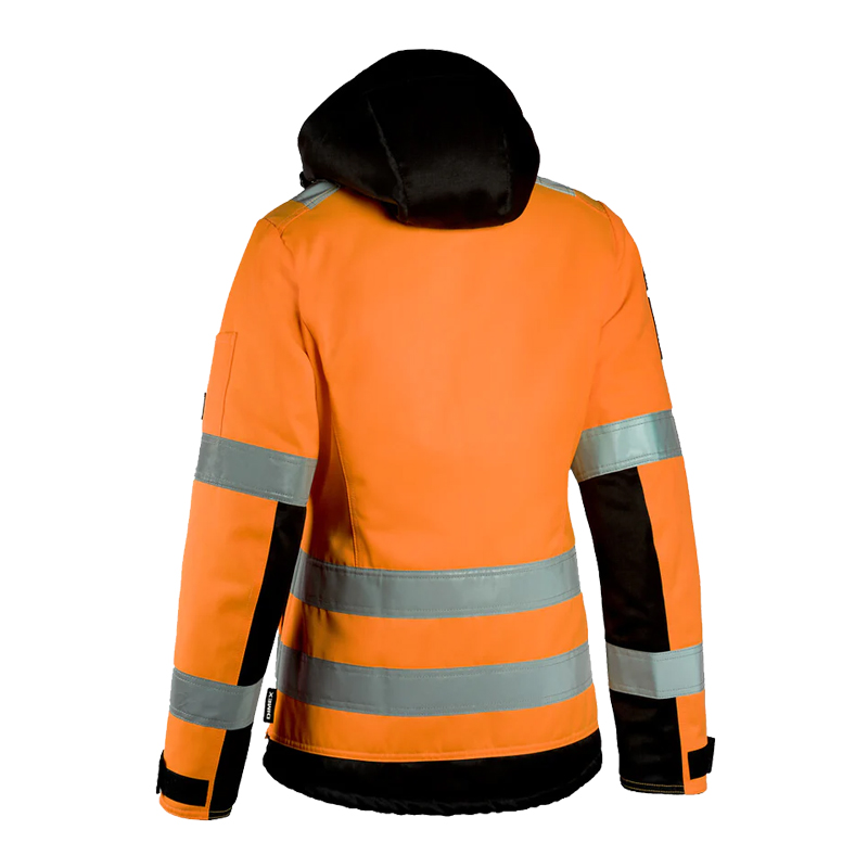 Rückansicht der Dimex 6177R Damen Winter Warnschutz Jacke Klasse 2 in Orange mit schwarzer Kapuze und silbernen Reflexstreifen