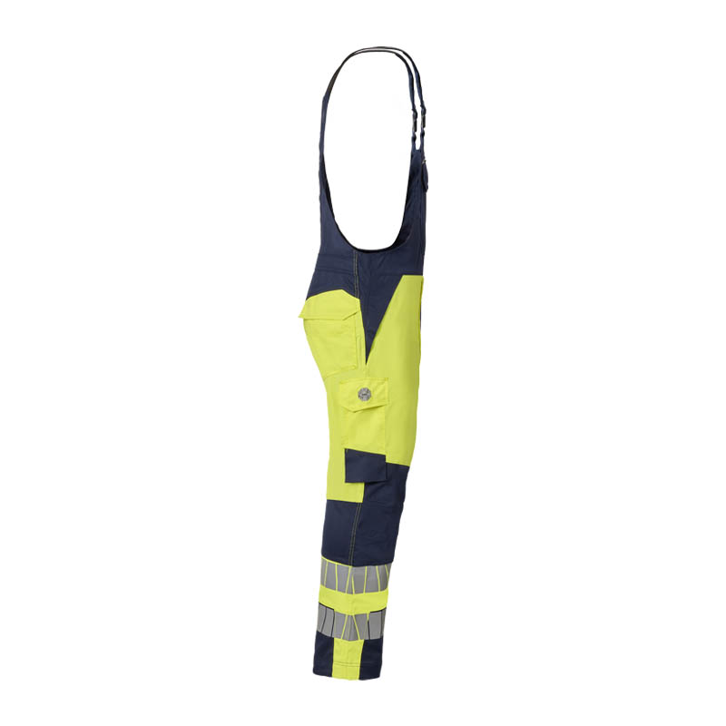 Seitenansicht einer HaVeP Warnschutz-Latzhose in Gelb und Marineblau mit Reflexstreifen und Taschen für professionelle Arbeitskleidung
