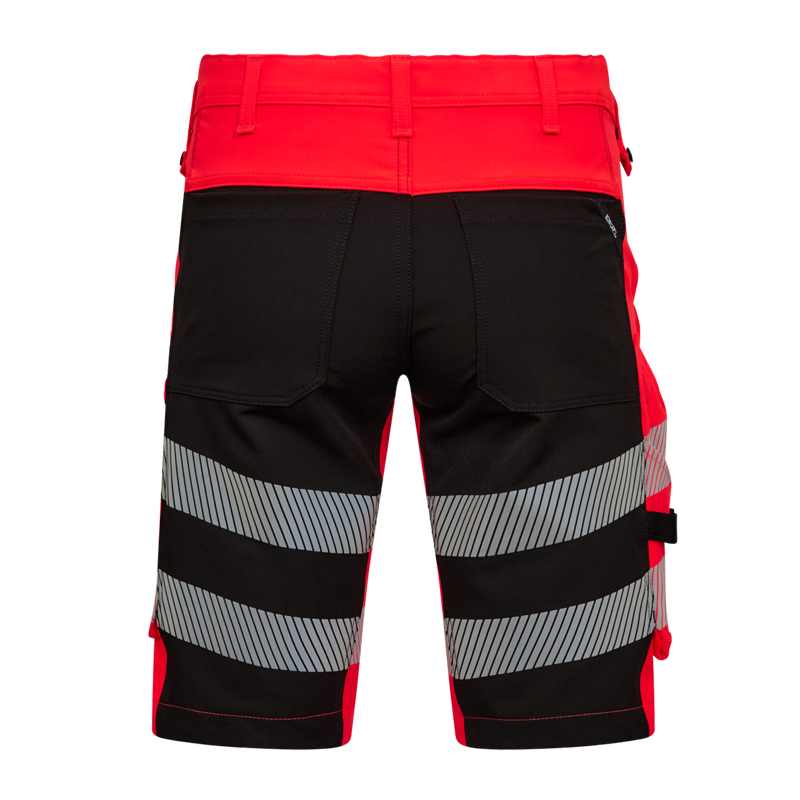 Rückansicht der ENGEL Safety Stretch Warnschutz Sommer Shorts Klasse 1 6345-124 in Rot/Schwarz mit breiten Reflexstreifen und Gesäßtaschen