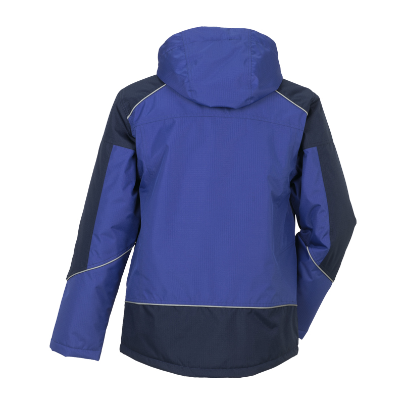 Rückansicht der Planam Desert Jacke wasserdichter Wetterschutz in Blau und Marine mit Kapuze, robuste Outdoor- und Arbeitsjacke mit wetterfestem Schutz