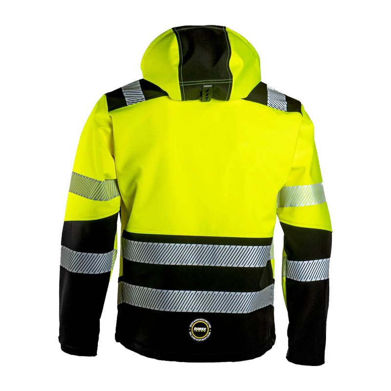 Rückansicht der Dimex 6099 Warnschutz SoftShell Jacke mit Kapuze Klasse 2 in Gelb-Schwarz mit reflektierenden Streifen