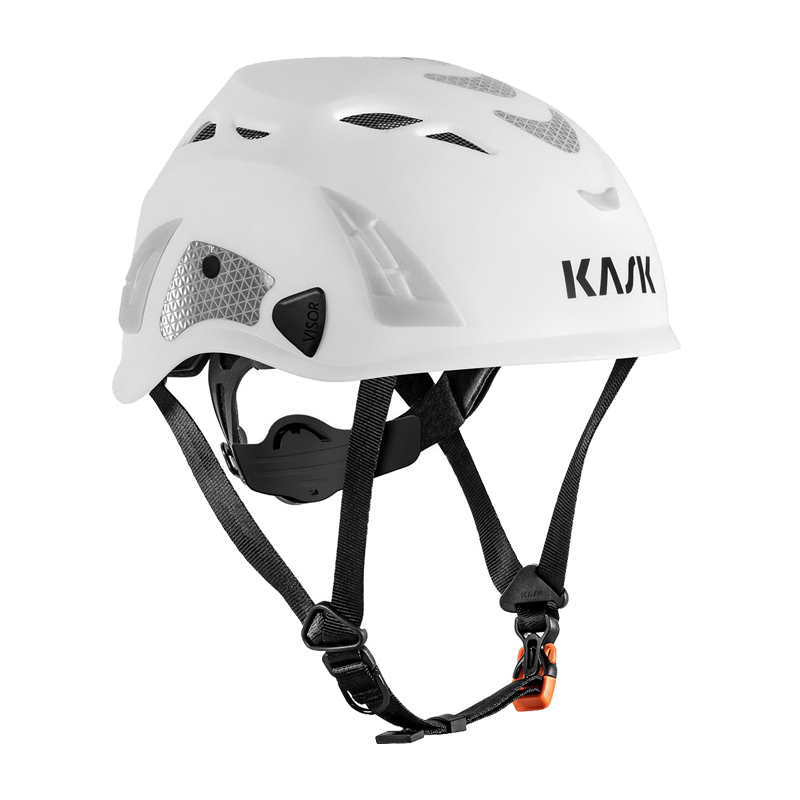 Weißer Kask KASK SUPERPLASMA AQ HI VIZ Industriehelm EN 397 mit Belüftungsöffnungen, Visor-Aufnahme und Kinnriemen in Seitenansicht