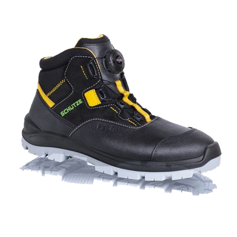 SCHÜTZE 6383X S3S Sicherheitsstiefel mit Schnellschnürung, schwarzer Arbeitsstiefel mit gelben Details, FitGo®-Drehverschluss, robuster Schutzkappe und griffiger SOFT-STEP-PRO-Sohle