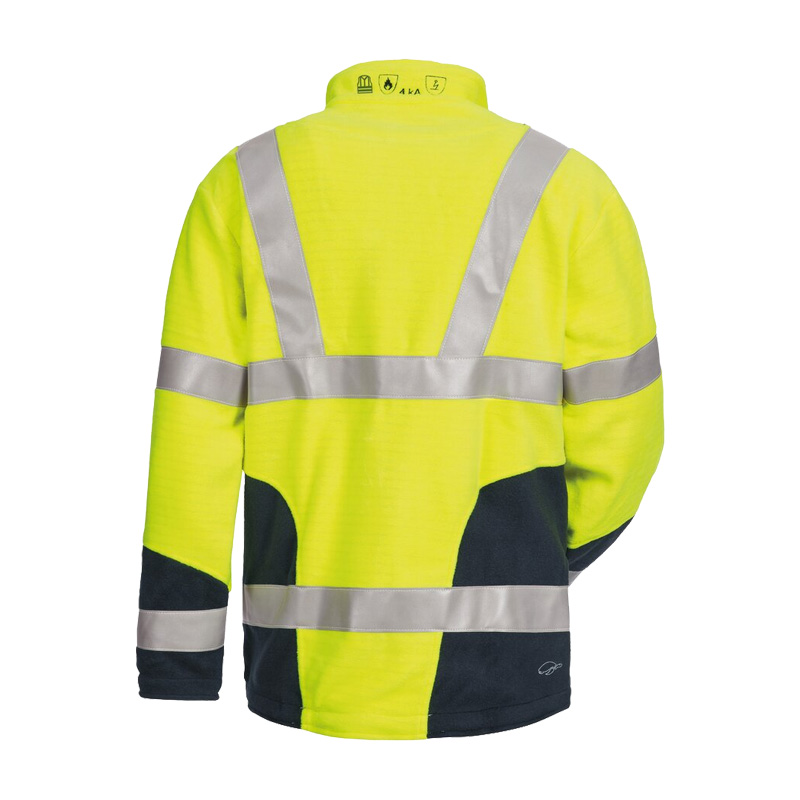 Rückansicht der HB MODarc&vis MultiNorm Warnschutz Fleecejacke 4 kA | APC1 von HB Protective Wear in Gelb mit Reflexstreifen und dunklen Kontrasteinsätzen