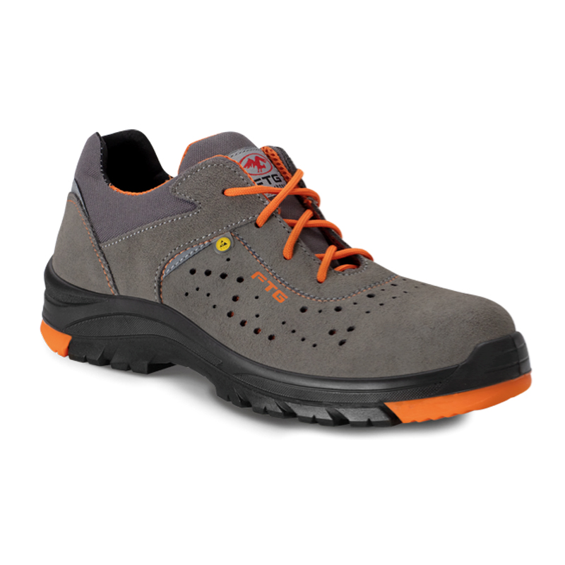 FTG Pluto S1P ESD Sicherheitsschuh metallfrei, niedriger Arbeitsschuh aus grauem Velourleder mit orangefarbenen Schnürsenkeln und rutschfester Sohle, Gemini Line
