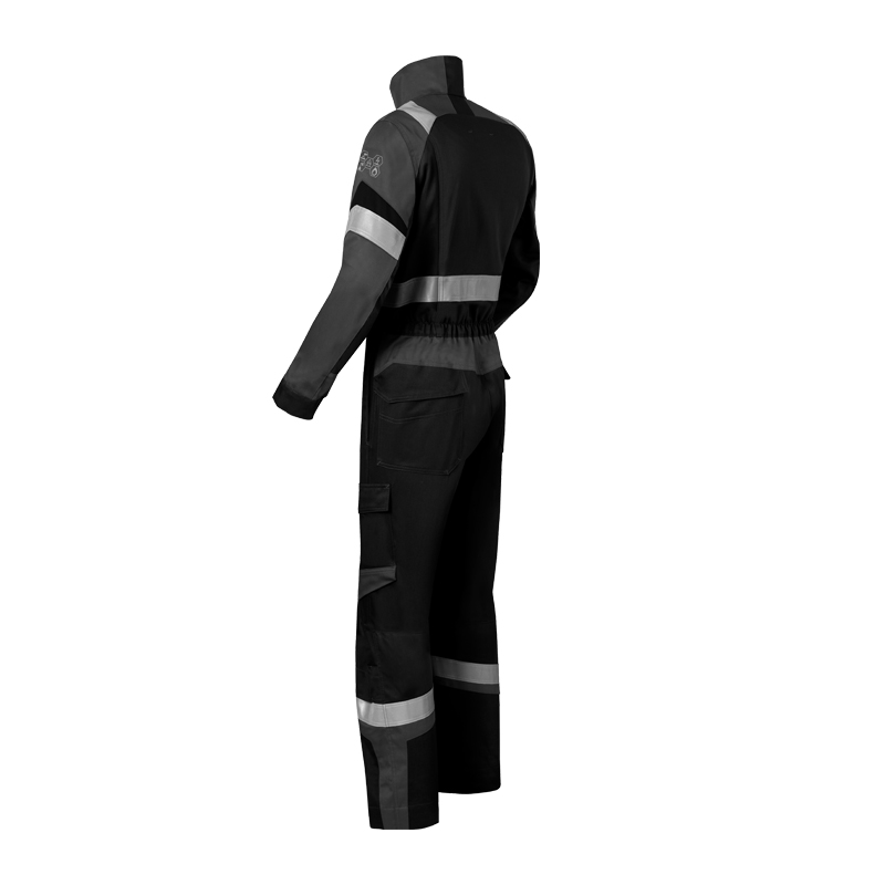 Rückansicht des HaVeP 5Safety Image+ 20290 MultiNorm Overalls APC1 in Schwarz-Grau mit reflektierenden Streifen an Armen, Rücken und Beinen